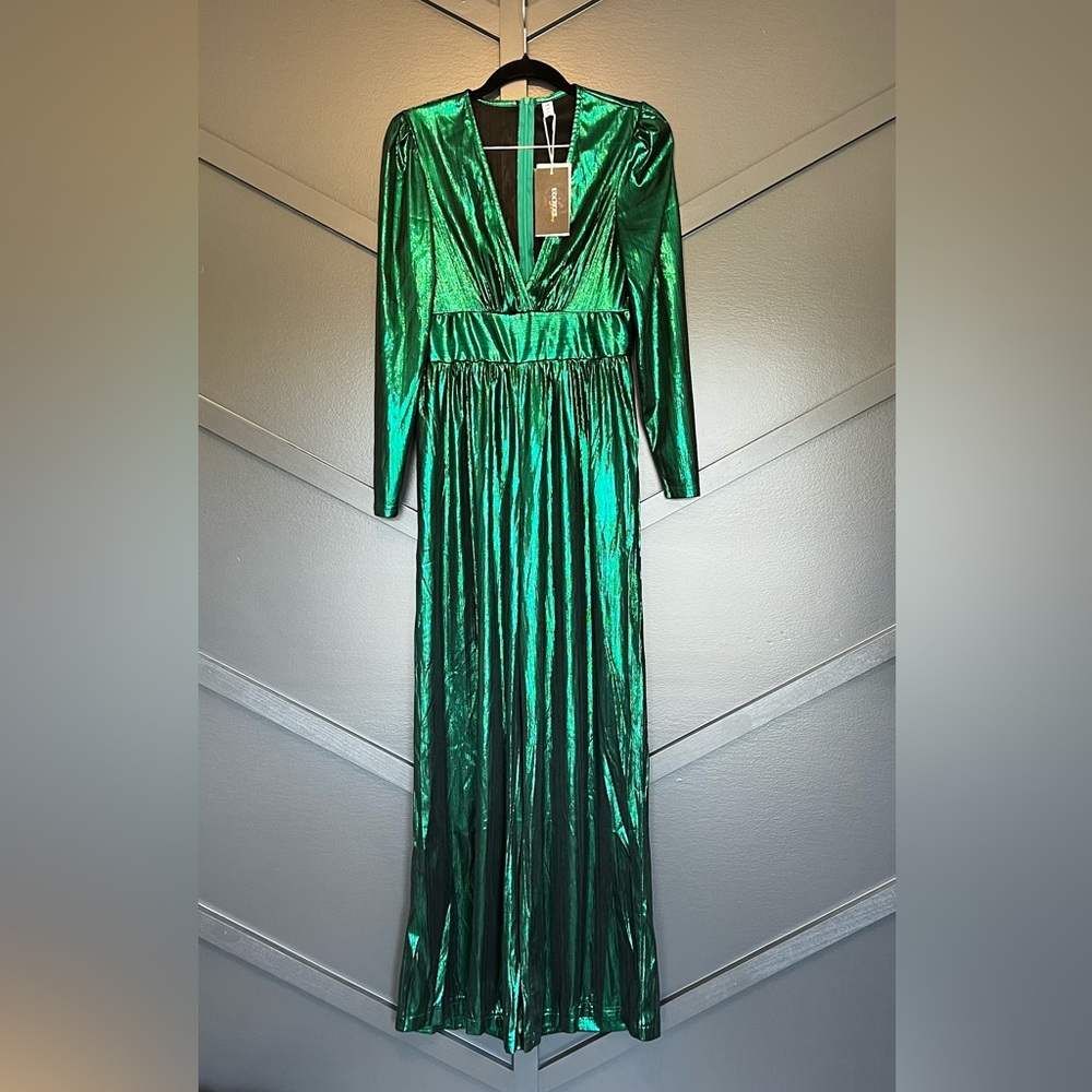 Metallic Emerald Green Long Sleeve Jumpsuit